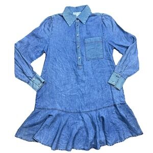 She + Sky Chambray Dress Blue Long Sleeve 100% Cotton Striped Trim Sz S NWOT